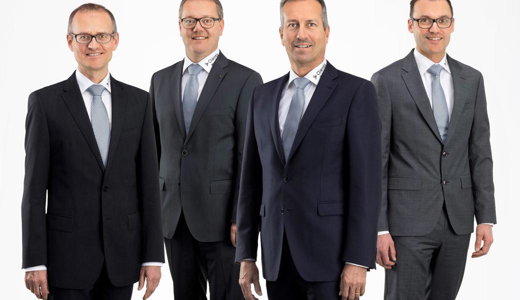 Der Clientis-Vorstand (v. l.): Urs Handermann (Leiter Services), Urs Schneider (Leiter Privatkunden), René Bognar (Vorsitzender der Geschäftsleitung) und Adrian Knechtle (Leiter Firmenkunden).