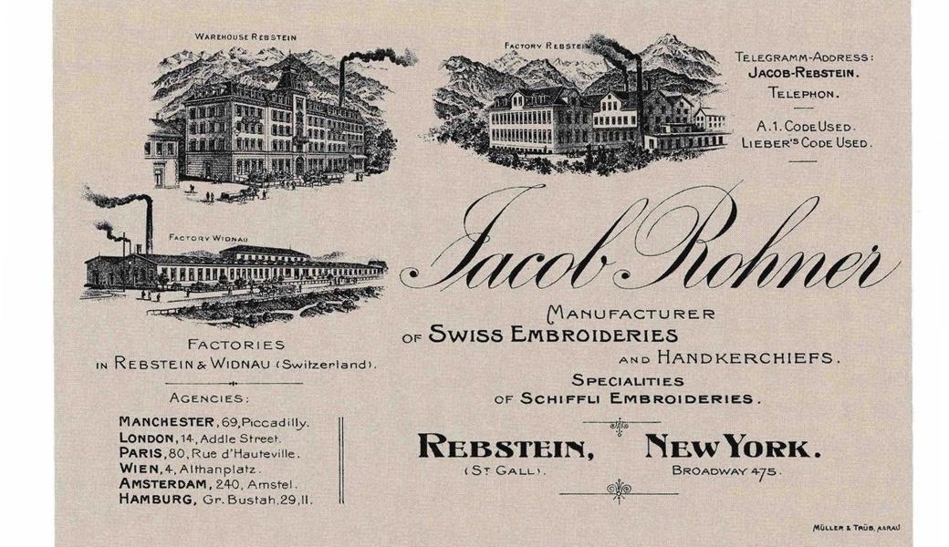 Die Visitenkarte zeigt die Jacob-Rohner-Werke kurz vor dem ersten Weltkrieg. Rechts oben die Schifflistickfabrik.