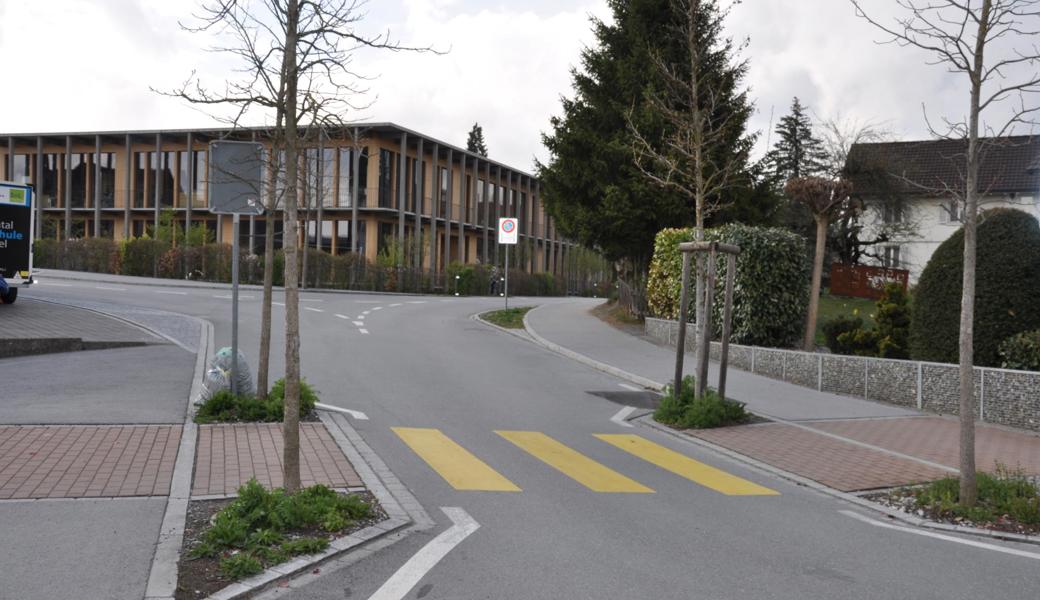 Einfahrt von der Fuchsgasse aus in die Büchel- oder Rütistrasse. Im Hintergrund das Schulhaus Schlatt.