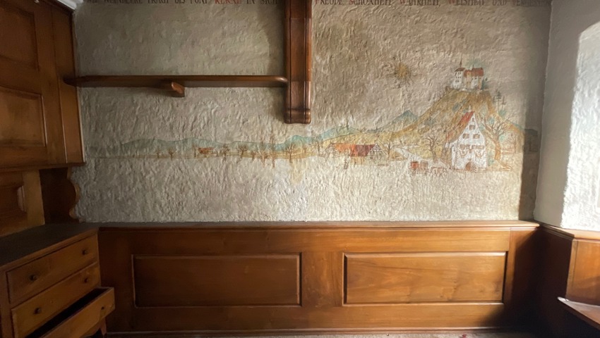 Das Bild befand sich im ehemaligen Degustationsraum der Weinkellerei Schiess in St. Margrethen. Alois Carigiet hatte es 1941 als Auftragsarbeit für die damaligen Besitzer gemalt.