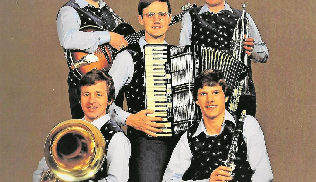 Die Besetzung von 1981: (vorne, v. l.) Hubert Bargehr, Geri Tschann, (hinten, v. l.) Emil Büchel, Edwin Erhard und Röbi Spirig. 