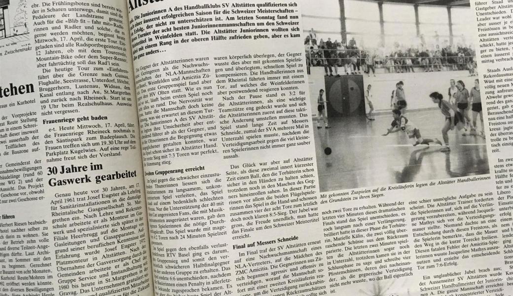 Am 17. April 1991 berichteten die regionalen Medien über den Grosserfolg der Altstätter Handball-Juniorinnen.