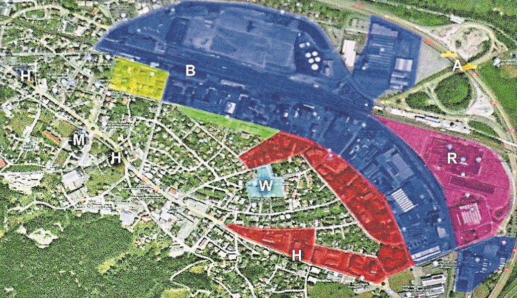 Betroffene Zonen: Industriezone (dunkelblau), Gewerbe- und Industriezone (violett), Kernzone (gelb), Wohn- und Gewerbezone (hellgrün), Zone für öffentliche Bauten (hellblau), Wohnzone (rot). Hauptstrasse (H), Bahnhof (B), Mineralbad (M), Schulhaus Wiesenau (W), Rheinpark (R). Bild: pd