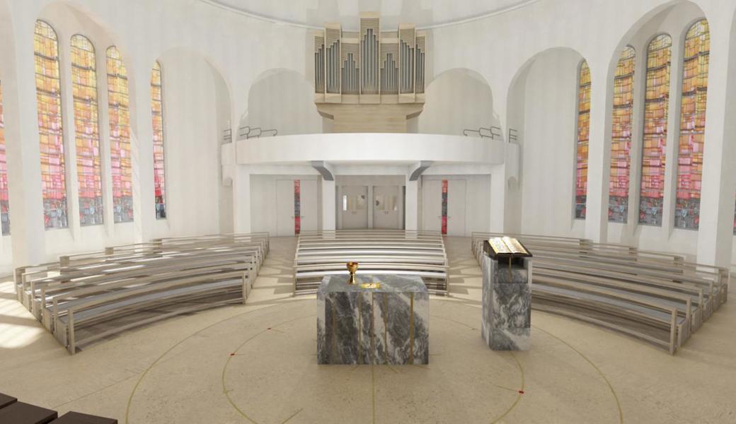 So sieht die Theresienkirche aus, wenn Bischof Markus Büchel am 3. Juli 2022 in ihr den ersten Gottesdienst nach der Sanierung zelebriert. Er wird Altar und Ambo aus Alpenkalk sowie das metallische Taufbecken mit Holzunterbau weihen.