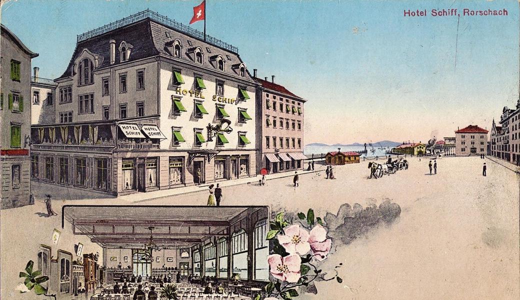 Werbung für das Hotel Schiff im Jahr 1904. Das Bild vergrössert den Hafenplatz mit künstlerischer Freiheit. 