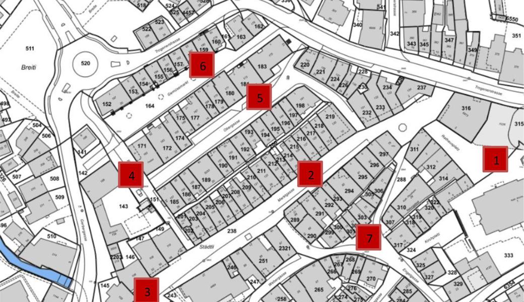 Hier findet man die sieben Marktfahrer: 1. Rathausplatz: Urs Unold (Untervaz), 2. Marktgasse: Segmüller Gemüsebau (Lüchingen), 3. beim «Frauenhof»: Heiterhof (Eichberg), 4. Rabengasse: Chäs Sutter (Appenzell), 5. Obergasse: Melanie Geiger (Oberegg), 6. Gemüsemarkt: Thurnheer Gemüsebau AG (St. Margrethen), 7. Engelplatz: Bäckerei Manser (Teufen).