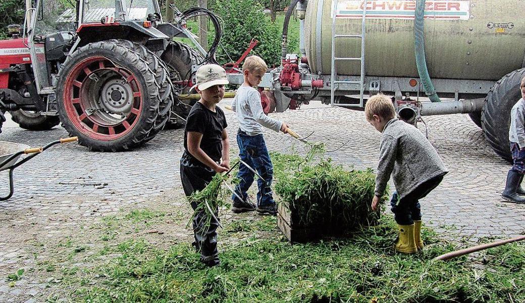 Elf Mütter und ihre neunzehn Kinder besuchten den Bauernhof Rosentürmli von Antonia und Alfred Messmer in Thal.