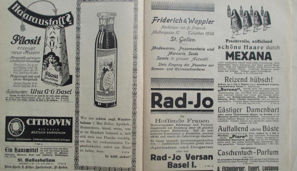 In den Kalendern für das Jahr 1922 werden zahlreiche Produkte für Gesundheit und Schönheit angepriesen.

