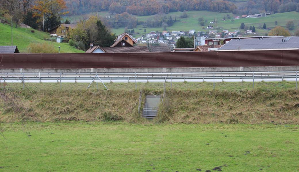 Der geplante Deponiestandort ist die spitz zulaufende Geländemulde zwischen Autobahn und Rhein auf Höhe des Ortsteils Büchel. Das Bild zeigt den Zugang zum Notwasserbrunnen.