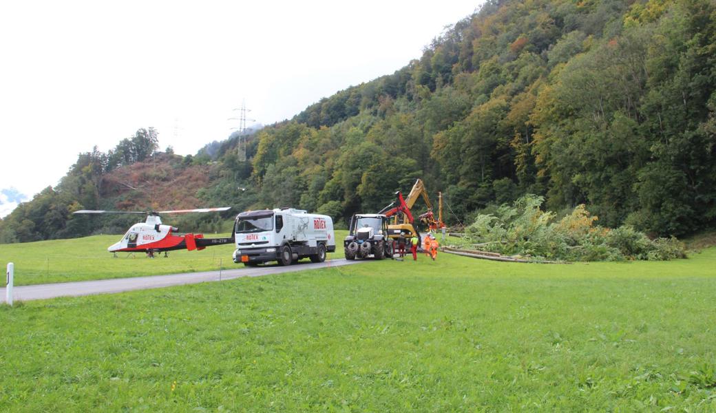 Mit dem Helikopter werden jene Bäume ins Tal geflogen, die zu nahe bei der Swiss-Grid-Leitung stehen. Für die (schon gefällten) Buchen, die vom felsigen Hügel (links hinten) zu entfernen sind, ist eine Seilbahn gebaut worden.
