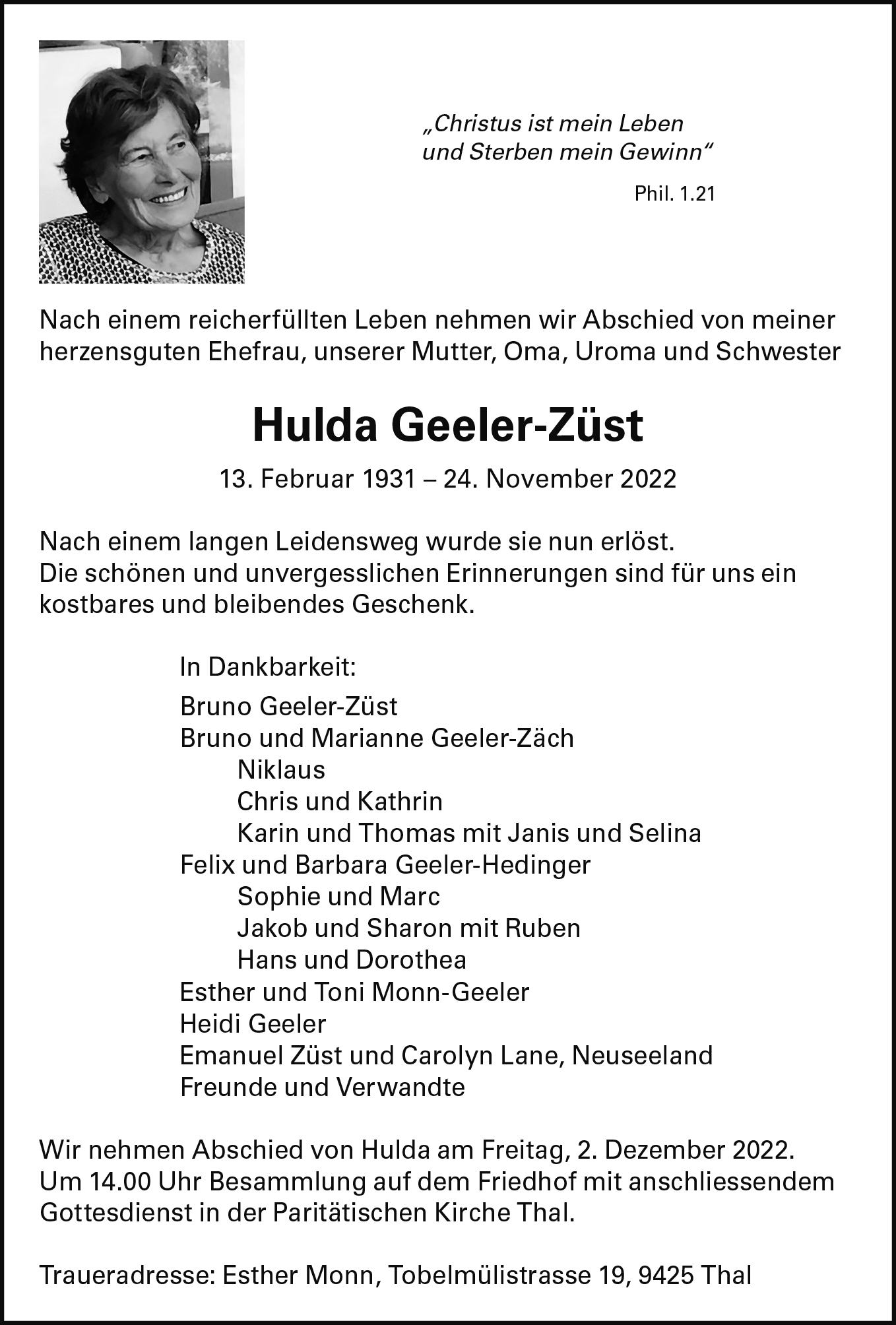 Todesanzeige - Hulda Geeler-Züst