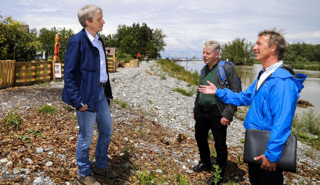 Felix Wüst, Martin Anderegg und Daniel Dietsche (von rechts) beim Augenschein auf dem Schutzdamm am Alten Rhein. 