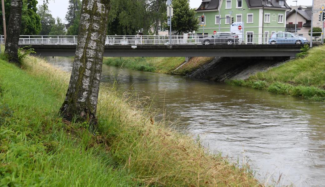 Der Rheintaler Binnenkanal an der Messstelle Postbrücke in Widnau am Sonntag, um 12 Uhr.
