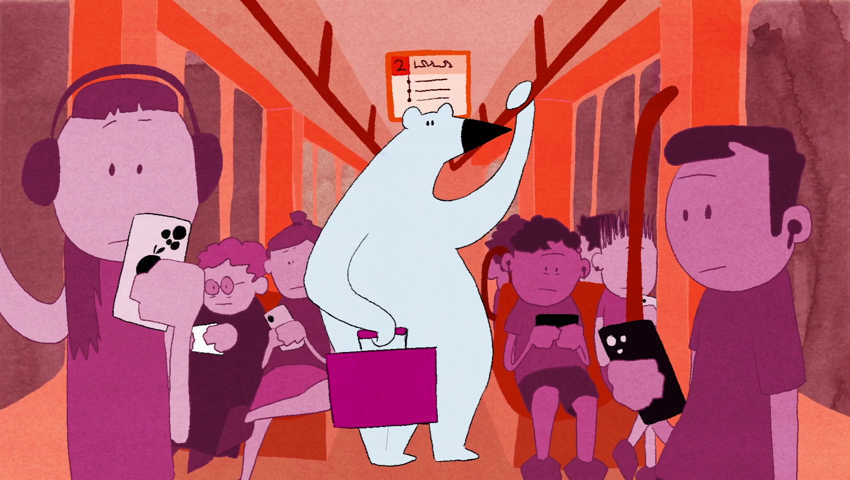 Ein Bild aus dem Kurzfilm: Die Eisbärin wundert sich über das Verhalten der Menschen.