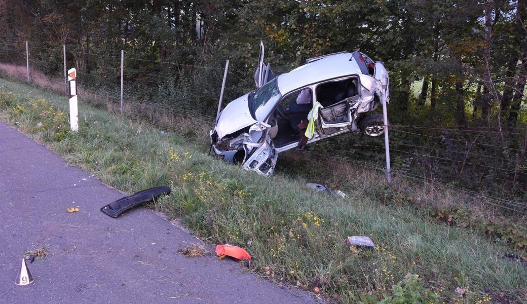 Das von hinten angefahrene Auto des ersten Unfalls überschlug sich mehrfach und blieb zuletzt im Wildschutzzaun neben der Autobahn hängen.