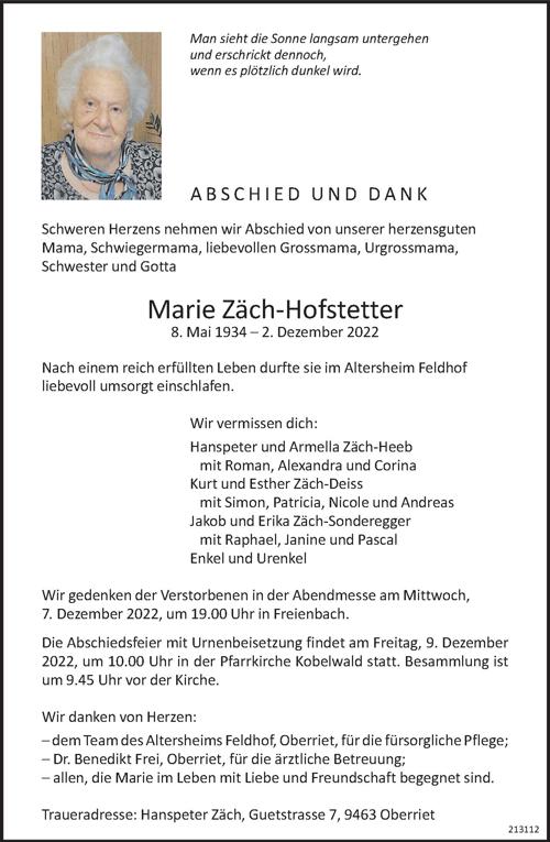 Todesanzeige - Marie Zäch-Hofstetter