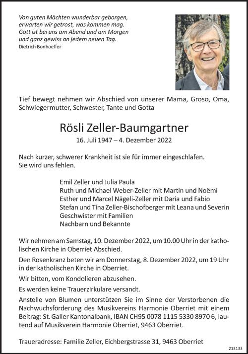 Todesanzeige - Rösli Zeller-Baumgartner