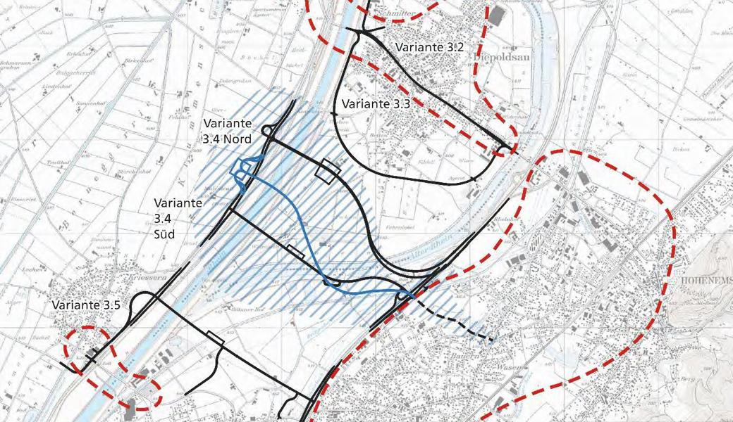 Blau schraffiert: Geländekorridor für vertiefende Projektstudien und
Entwicklung einer möglichen Bestvariante. 