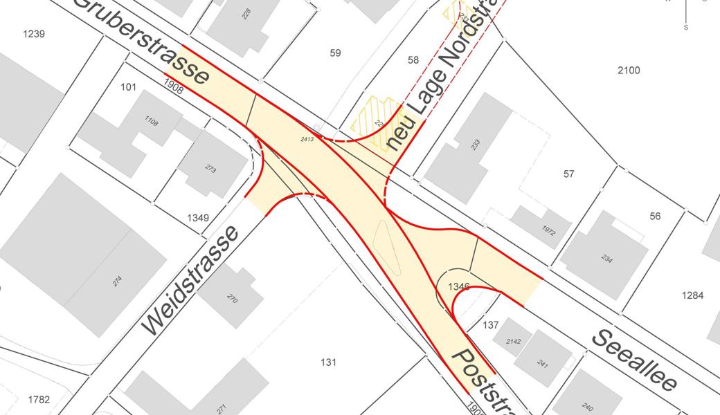 In Rot auf dem Plan sichtbar ist die neue Strassenführung.