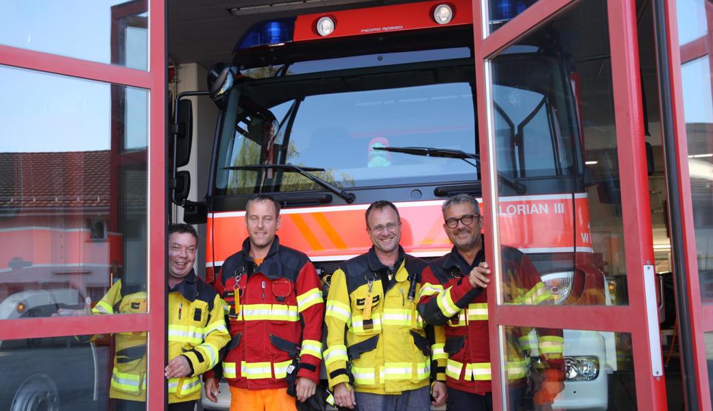 Die Feuerwehrkommandanten des Feuerwehrverbands Unterrheintal (von links): Marco Köppel (Mittelrheintal), Pascal Zani (St. Margrethen), Markus Köppel (Berneck-Au-Heerbrugg) und Robert Fuchs (Rheineck-Thal-Lutzenberg).