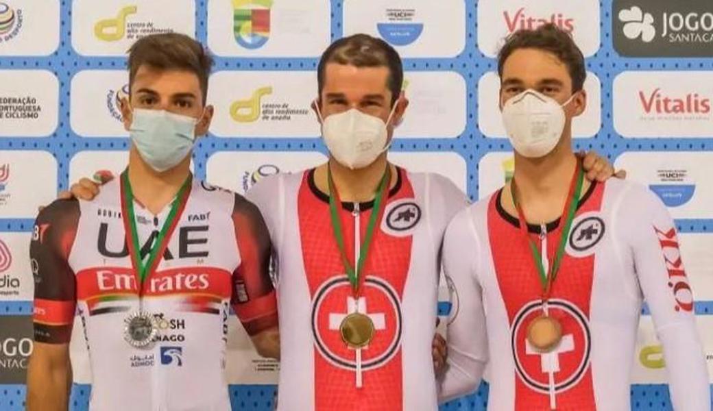 Gold und Bronze in der Einzelverfolgung: Simon Vitzthum (rechts) wurde Dritter hinter Teamkollege Claudio Imhof und dem Portugiesen Ivo Oliveira.