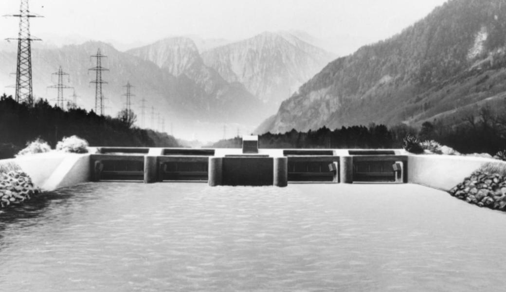 Im Alpenrhein sieht man immer wieder Potenzial zur Stromerzeugung: Visualisierung einer Kraftwerkstufe bei Bad Ragaz aus einem Projekt aus den Jahren zwischen 1950 und 1980.