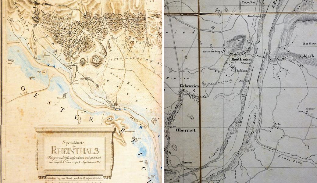 Die Fehr'sche (links) und die Dufour-Karte zeigen einen völlig anderen Wasserverlauf als heute.