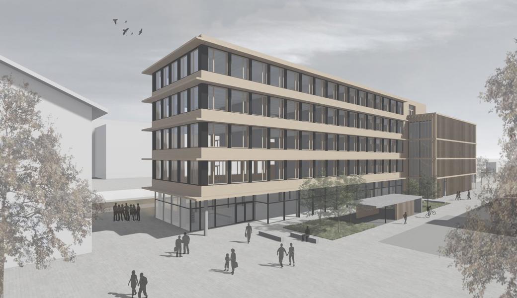 Visualisierung des geplanten Schreiner Kompetenzzentrum in St.Margrethen. Der Neubau direkt am Bahnhof soll auf den Start des Schuljahres 2025/26 bezugsbereit sein.