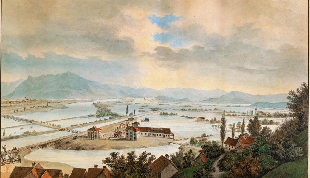 Die Gemeinde Au während des Hochwassers von 1868. 