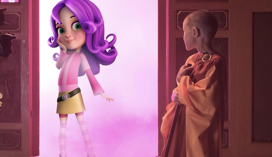 Die Animationsfigur Miss Bellyfoo betritt in dieser Filmsequenz die reale Welt.