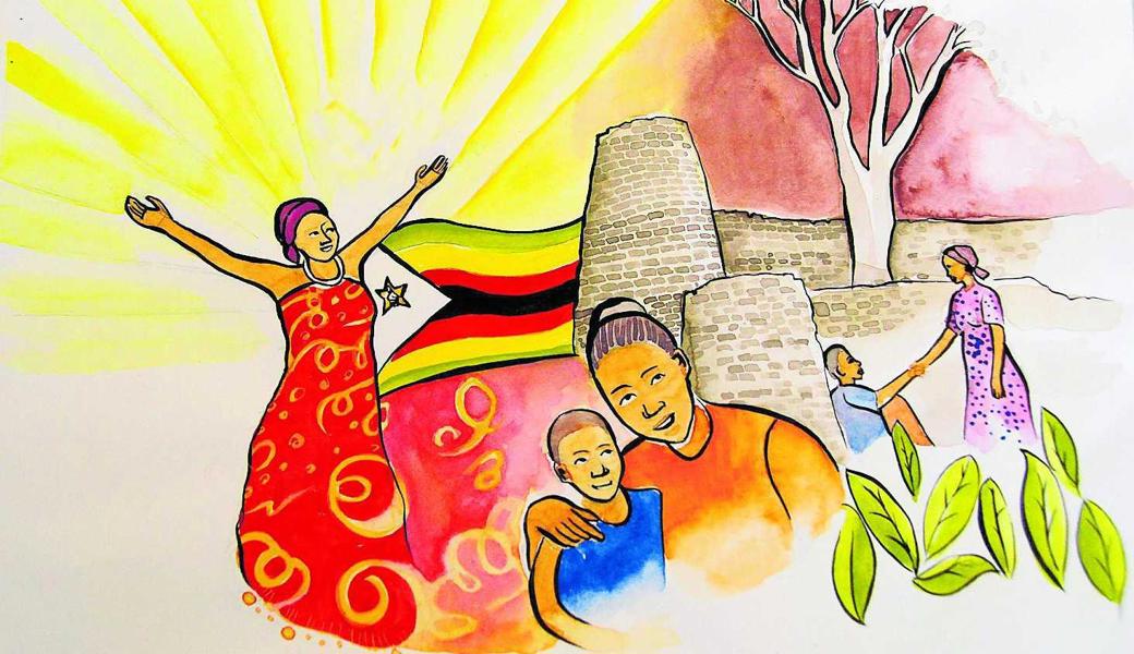 Nonhlanhla Mathe hat eine zimbabwische Bildergeschichte gemalt zum Thema des Weltgebetstages 2020. Sie illustriert den Übergang einer dunklen Vergangenheit als Nation zu einer hoffnungsvollen Zukunft. 