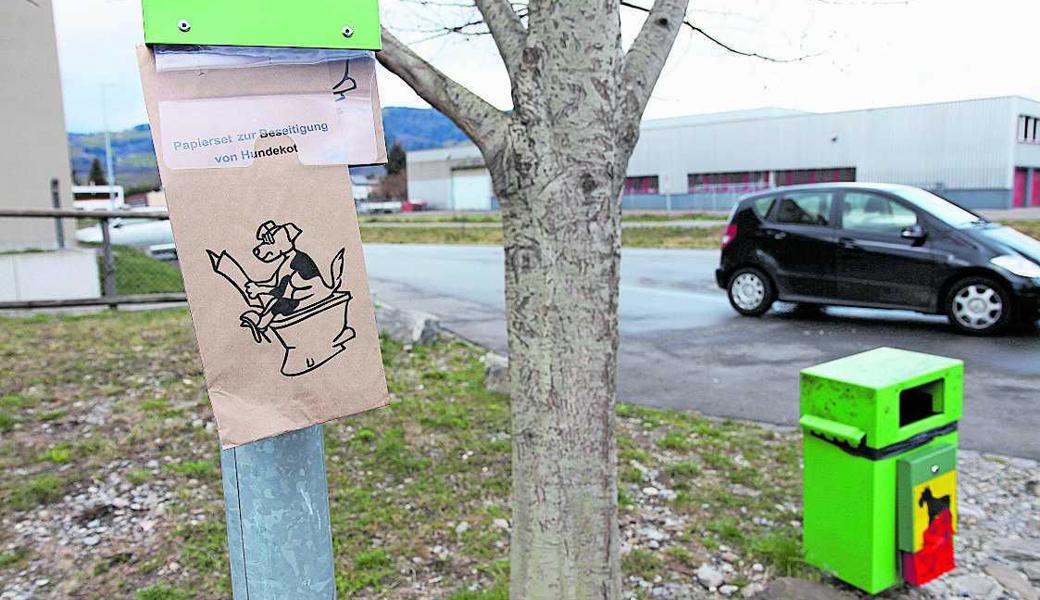 Hundekotsäckli mit Gebrauchsanweisung. Ein Spender mit den neuen Papierbeuteln steht in Widnau am Binnenkanal. 