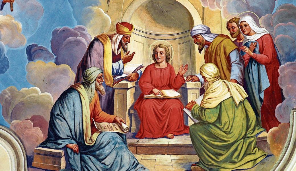 Der junge Jesus hat sich unter die Gelehrten gemischt und diskutiert munter mit – ein Gemälde von Joseph Heinemann (1825 bis 1901). 