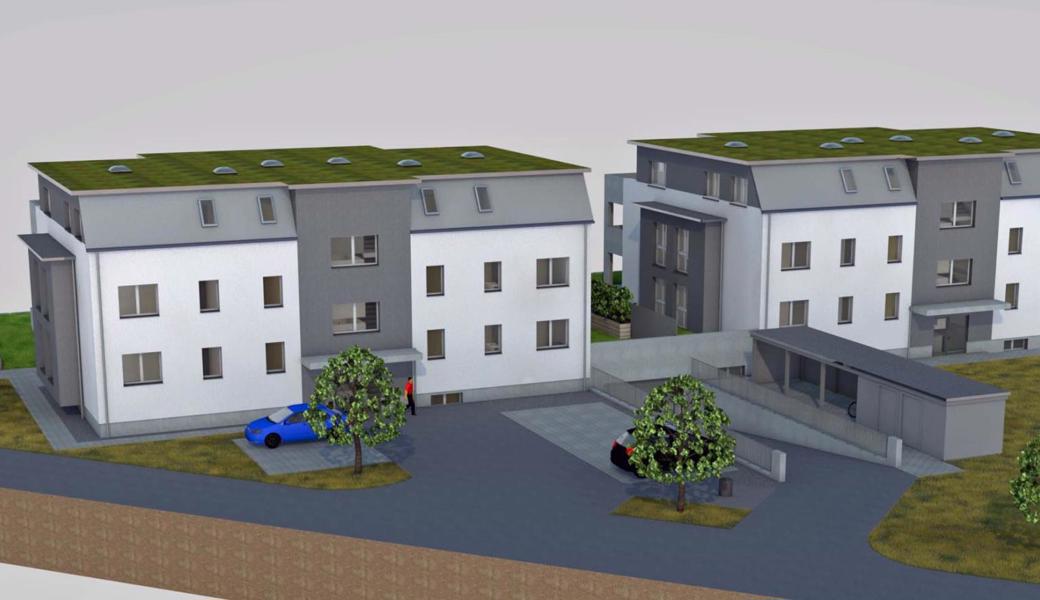 Die Zufahrt zu den geplanten zwei Mehrfamilienhäusern (zukünftig Hausnummer 76 und 78) wird über den Kapellweg erfolgen. Die Visualisierung zeigt die Ansicht aus Richtung Nordost. Vorgesehen ist auch eine Tiefgarage.