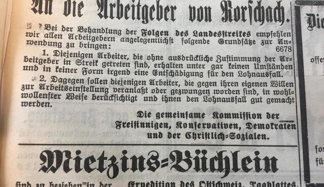 Das Inserat des Arbeitgeber-Aufrufs nach dem Generalstreik vom 16. November 1918 in der Rorschacher Zeitung