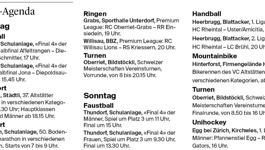 Alle Sportanlässe (ausser Fussball, siehe unten) dieses Wochenende im Überblick. Draufklicken zum Vergrössern!