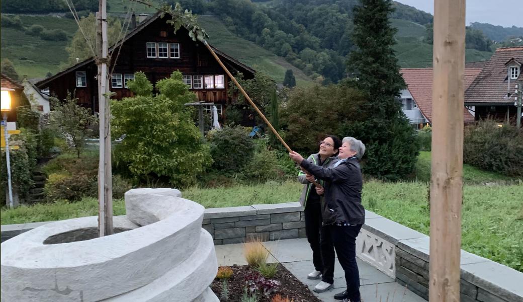 Margrith Wellinger (Leiterin der IG, rechts) erntet erste Äpfel im Paradiesgarten Torkel.