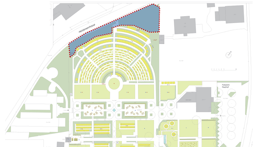 Der Friedhofplan und darauf rot umrandet die Baumgruppe zwischen dem nördlichen Gräberfeld und der Heidenerstrasse, an welcher in den nächsten Wochen Holzerarbeiten nötig werden.