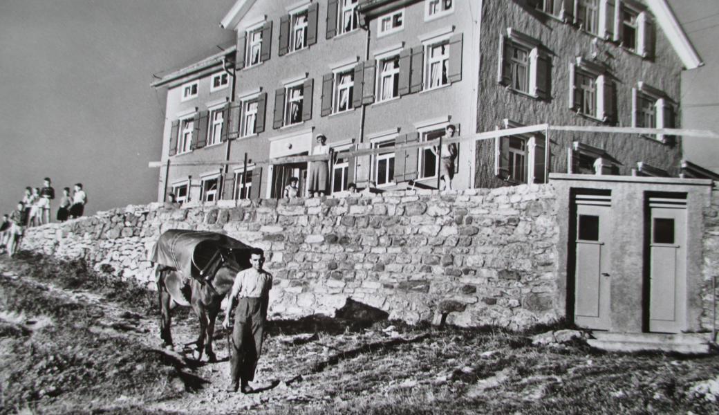 Vor dem Bau der Bahn wurden Waren von Maultieren zum Gasthaus Hoher Kasten transportiert. Beim abgebildeten Säumer handelt es sich um Albert Fässler-Graf («Genglis Albert»).