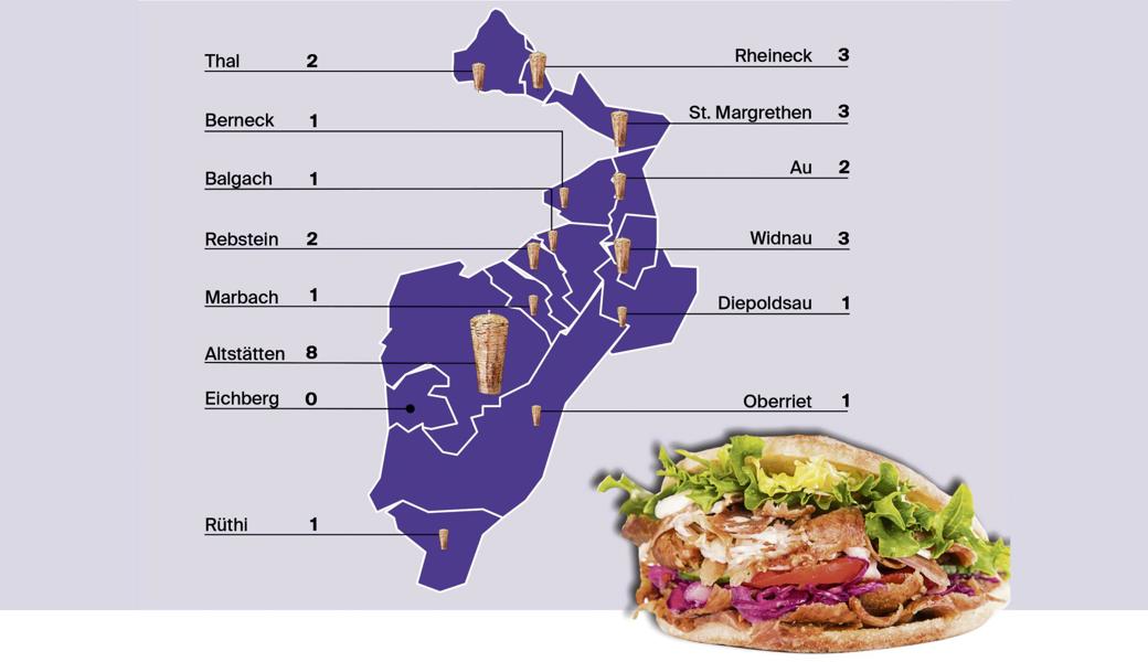Die Karte zeigt: So viele Kebabläden gibt es auf dem Boden der jeweiligen Gemeinde im Rheintal. Altstätten führt das Ranking mit acht Stück an.

