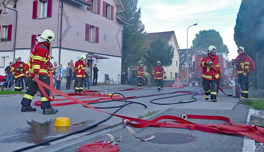 Die Feuerwehr Rebstein-Marbach bei einer Hauptübung im 2019.