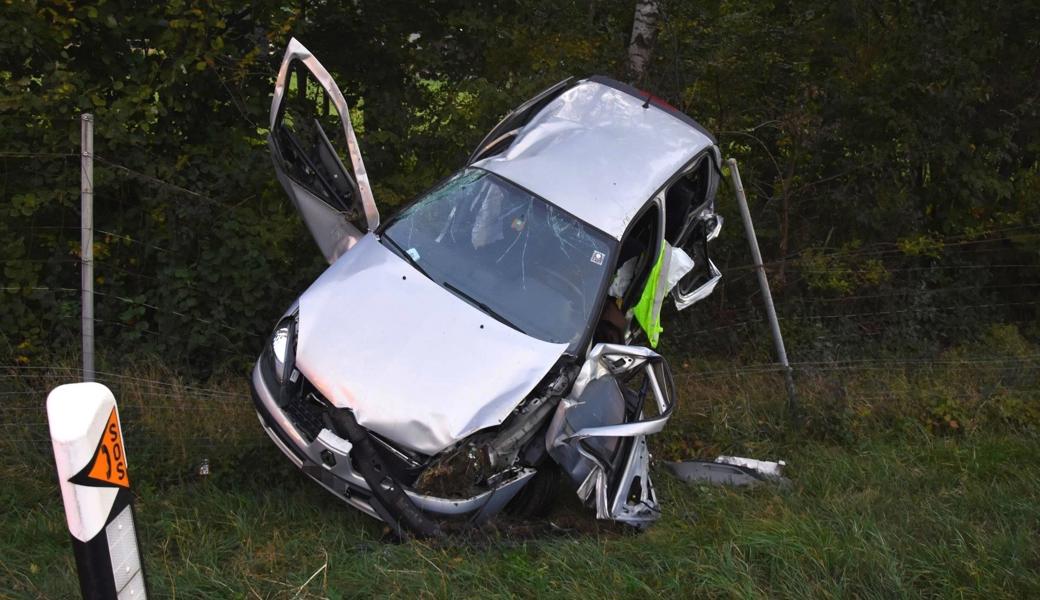 Das von hinten angefahrene Auto des ersten Unfalls überschlug sich mehrfach und blieb zuletzt im Wildschutzzaun neben der Autobahn hängen.
