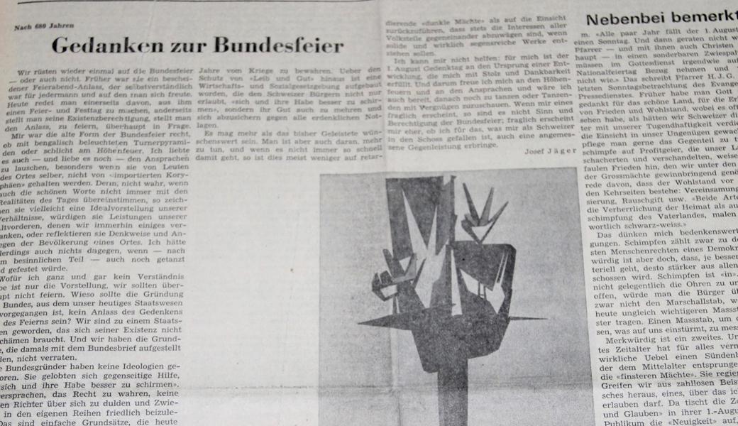 Auf der «Rheintaler»-Titelseite erschienen vor 50 Jahren unspektakulär betitelte «Gedanken zur Bundesfeier». Daneben war die Kolumne «Nebenbei bemerkt» platziert, mit der sich der damalige Redaktionsverantwortliche Hans Müller einen Namen gemacht hat.  