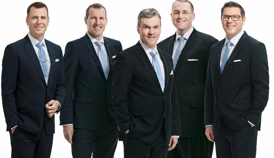 Geschäftsleitung der Alpha Rheintal Bank (von links): Patrik Thür (Leiter Privatkunden), Roland Bartholet (Leiter Private Banking), Reto Monsch (Vorsitzender), Andreas Reis (Leiter Services), Mike Düsel (Leiter Firmenkunden)  