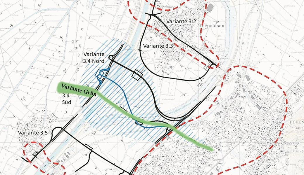 Pläne für die Variante V der Grünen existieren nicht. Die Linienführung zwischen Hohenems und Diepoldsau entspricht etwa dem Trassee der Route Diepoldsau Süd im Projekt Netzstrategie Rheintal.