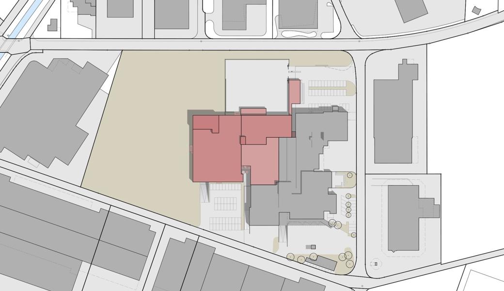 Zwischen Auerstrasse (oben) und Musterplatzstrasse befindet sich der Betrieb der Gustav Spiess AG. Der rote Teil ist der geplante Neubau für die Wursterei. 