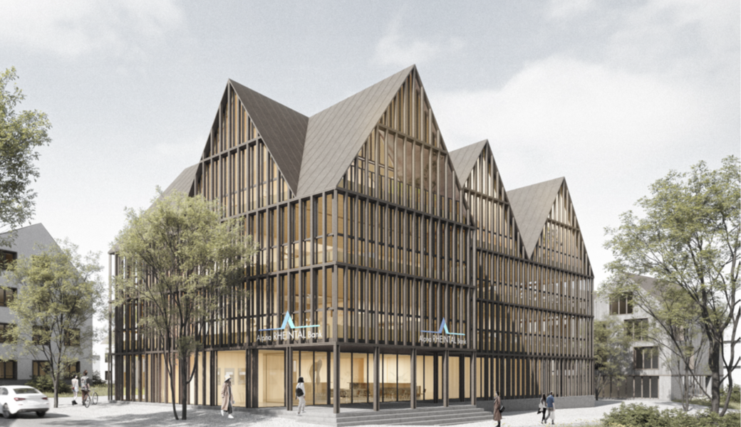 Das neue Hauptgebäude der Alpha Rheintal Bank als markantes Dorf-Eingangstor. Verfasser des Siegerprojektes ist das Architekturbüro Baumschlager Hutter Partners aus Heerbrugg.
