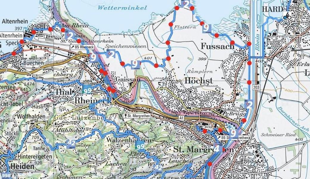 Ein grosser Bogen um das Dorf statt mittendurch: Die Rhein-Route führt nicht durch St. Margrethen.