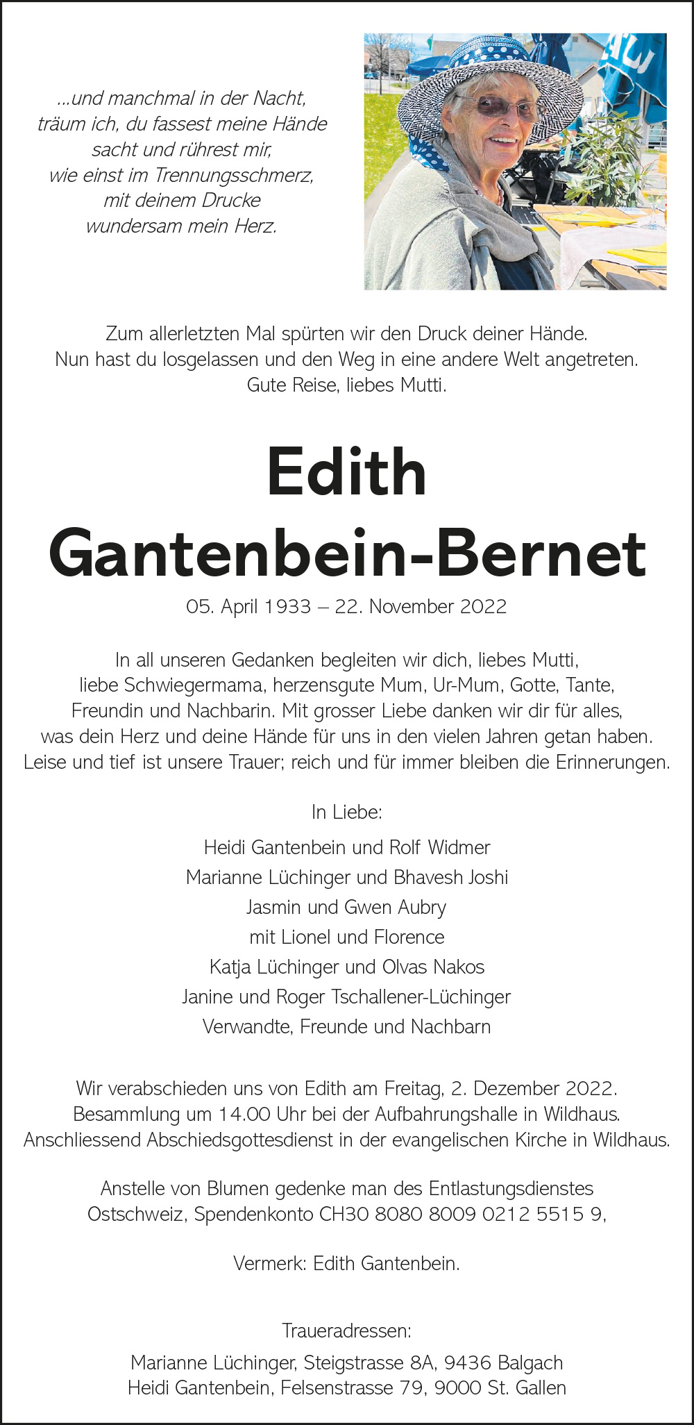 Todesanzeige - Edith Gantenbein-Bernet