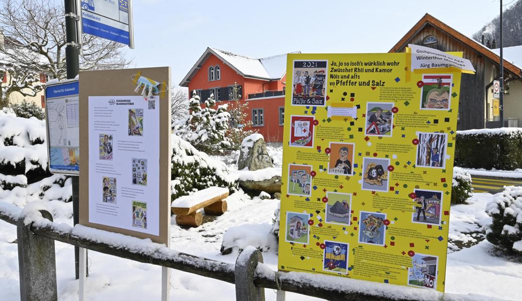 Am Kirchplatz in Kobelwald (und an einigen andern Orten in der Gemeinde) stehen Plakate mit den Schnitzelbänken der Bleandastöber und von Pfeffer und Salz.